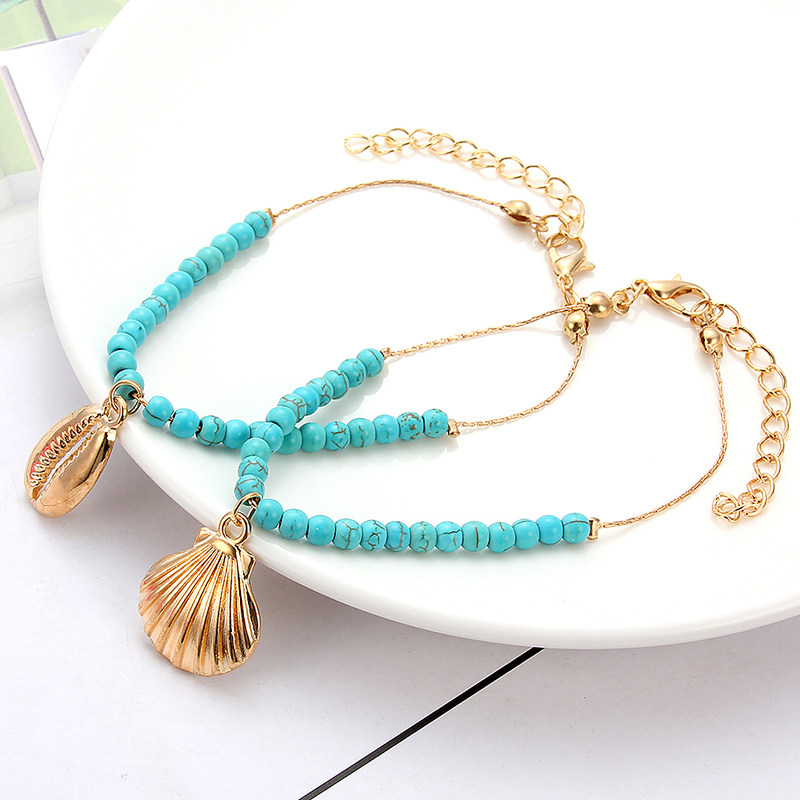 

Summer Simple Beaded Blue Bracelet Alloy Gold Color Shell Pendant Anklet Bohemian For Women Girls Adjustable Bracelet