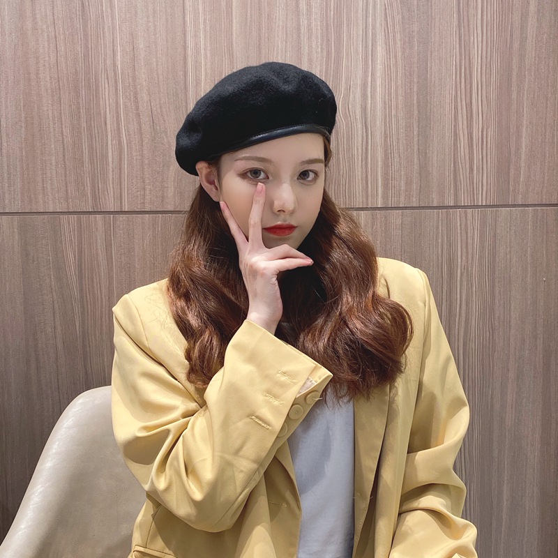 

Leather Edge Wool Beret Autumn Winter Korean Japanese British Retro Painter Hat Women Wool Hat Wide Brim for Winter, Black