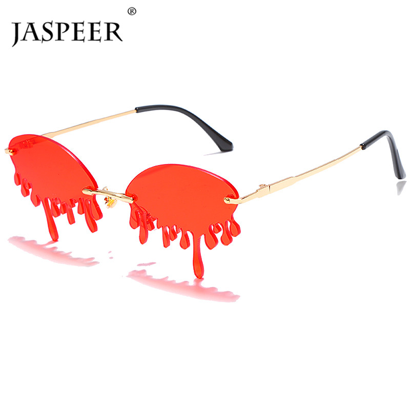 

JASPEER Newest Rimless Sunglasses Women Fashion Eyewear Oval Teardrop Blood Women Sun Glasses UV400 Punk Men's Metal Sunglasses