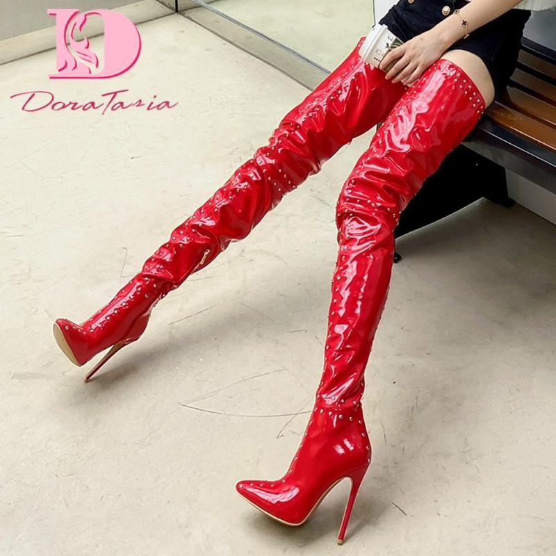 

DoraTasia Plus Size 33-48 Ladies Sexy Over The Knee Boots Pointed Toe Thin High Heels Thigh High Boots Women Rivet Shoes Woman, Black