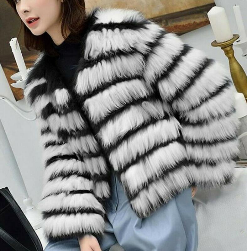 

Chic Fashion Women Stripe Faux Fur Highqulity Short Winter Jacket Coat Furry Outdoor Casual, As pic
