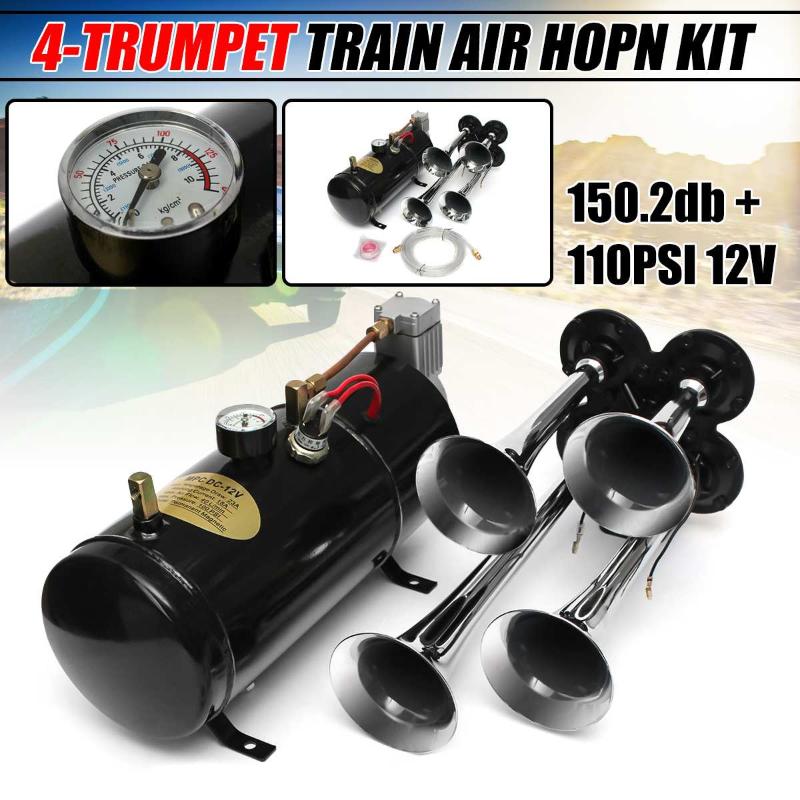 

Universal 12V 4 Trumpet Air Horn 150.2 dB Compressor Tubing For Motorcycle Trucks Boats Car