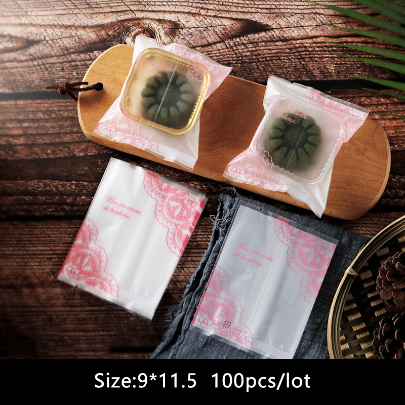 

100pcs/lot Candy Cookies Bag Homemade Pack White Chinese Elements Pink Lace Gear Frosted Nougat Party Wedding Snack Pack