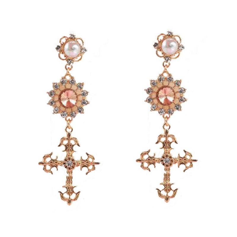 

Fashionable creative colorful exquisite pearl cross inlaid rhinestone earrings wild temperament student couple earrings