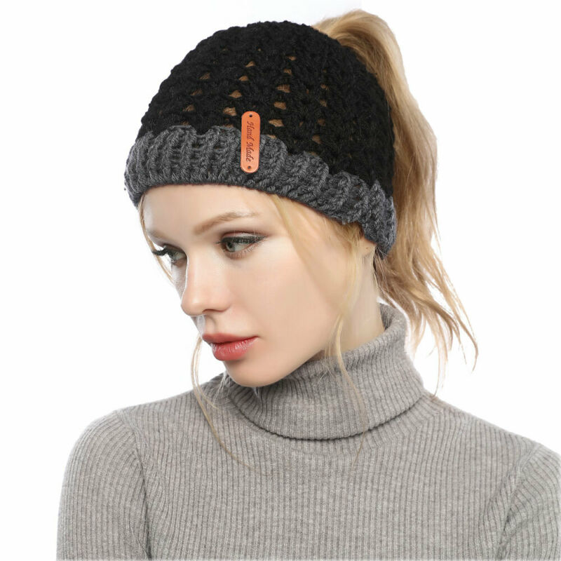 

Beanie Hat Women Messy Bun Cap Winter Warm Knitted Stylish Hat, Black