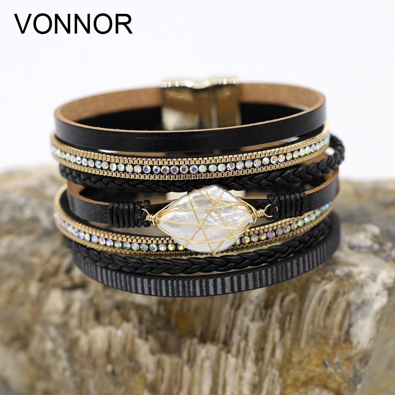 

Fashion Irregular Natural Pearl Bracelets Women Jewelry Multilayer Leather Weave Magnet Clasp High Quality Bangle Bracelet