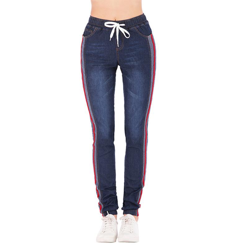 

Jeans Pants Drawstring Women Denim Long Elastic Waist Leisure Sport Capris Plus Size Trousers Slim Pantalones Fitness Gym Pant, Blue