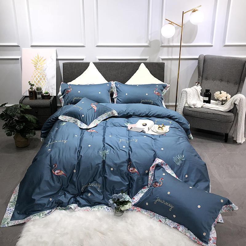 

100%Egyptian Cotton 4Pieces Flamingo Embroidery Duvet Cover Set Navy Blue King Queen Size Bedding set Bed sheet Pillow shams, Color 1