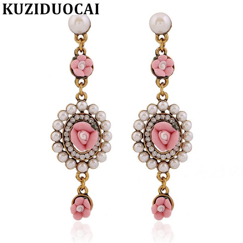 

Kuziduocai New Fashion Jewelry Bohe Pearl Fresh Flowers Droplet Rhinestones Long Stud Earrings For Women Brincos Pendientes A-64