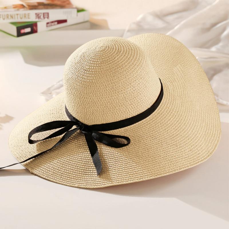 

Floppy Bowknot Sun Beach Holiday Straw Foldable Cap Girl Women Hats Hot Summer Fashion Ladies Windproof Wide Brim, Khaki
