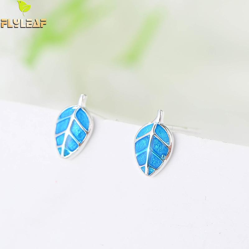 

925 Sterling Silver Blue Drop Glaze Small Leaves Stud Earrings For Women Flyleaf Lady Fashion Jewelry