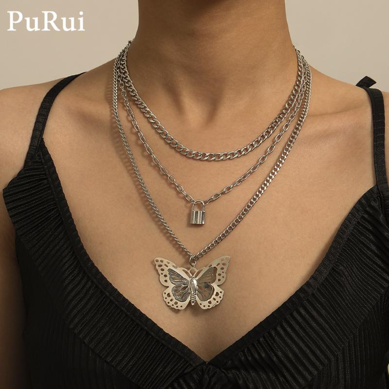 

Gothic Animal Butterfly Padlock Chain Necklaces for Women Punk Layered Silver Color Chain Necklaces Jewelry Accessories