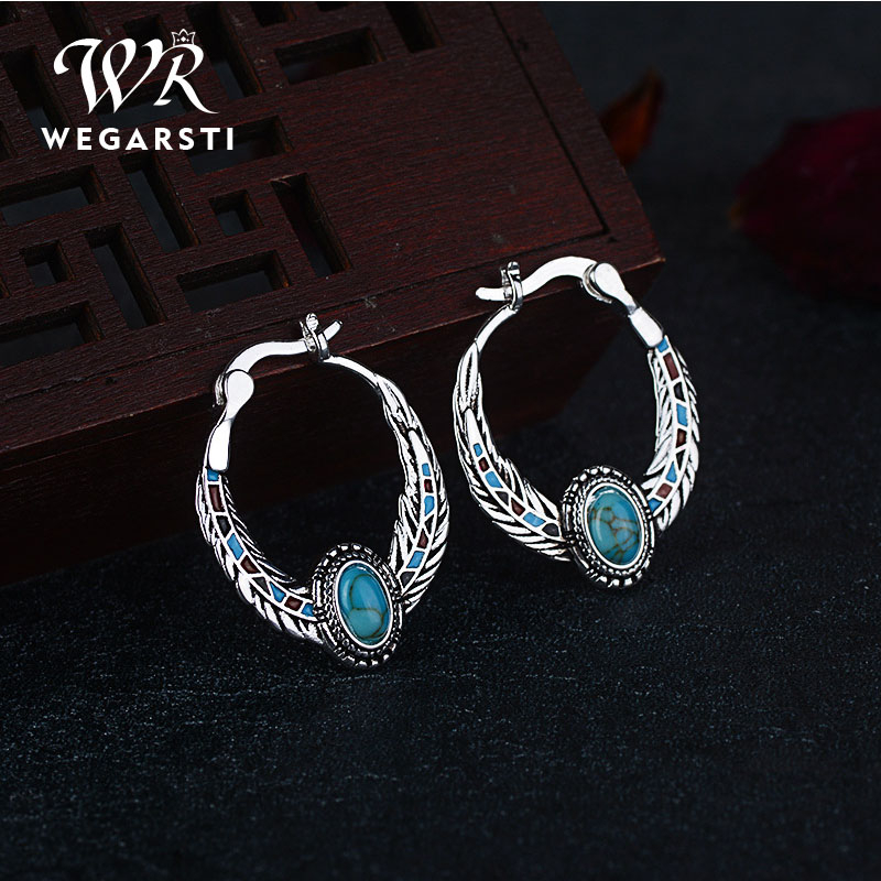 

WEGARSTI Women Earrings Retro Simple Feather Shape Natural Stone Turquoised Earrings Features Texture Stone