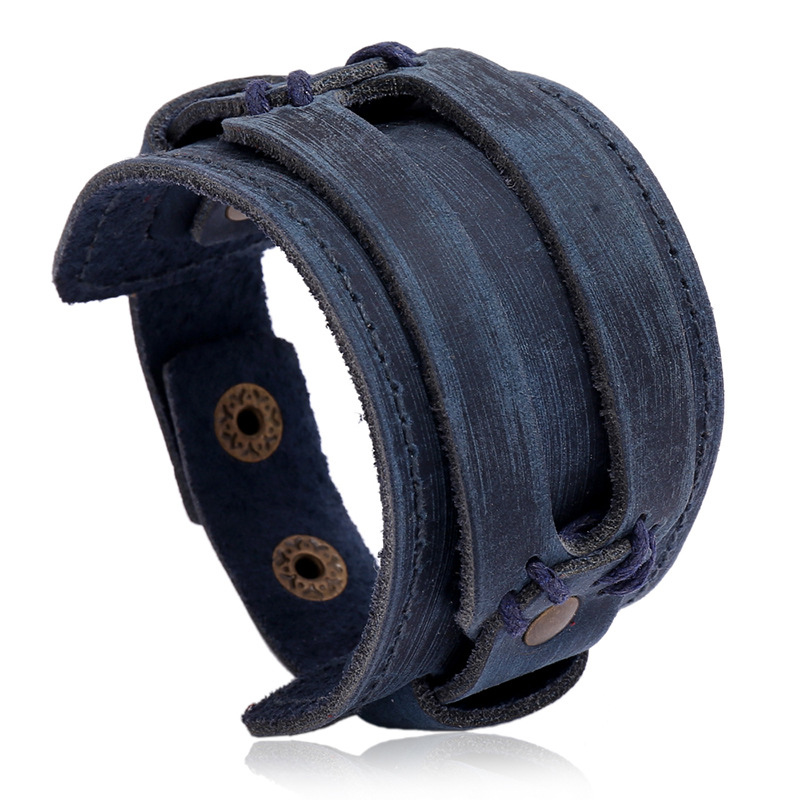 

NIUYITID Vintage Blue Leather Men Bracelet Wide Hand Charms Accessories Jewelry Punk Style