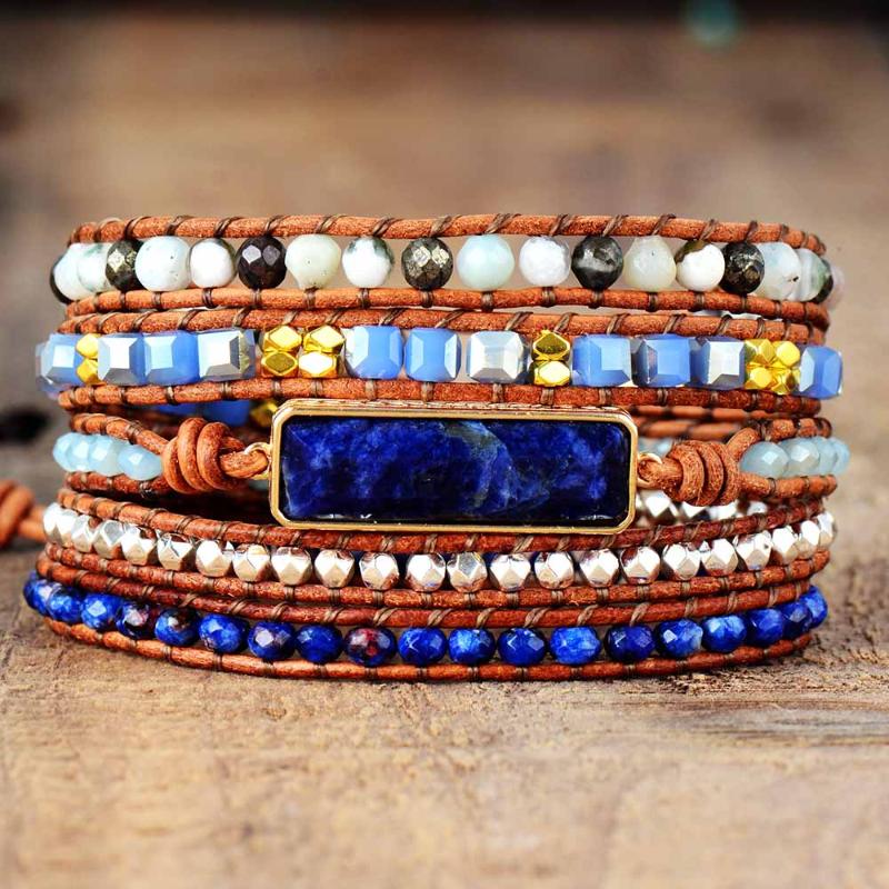 

Unique 5 Times Leather Rope Bracelets Femme Semiprecious Stone Wrap Bracelets Multilayers Beads Bracelet