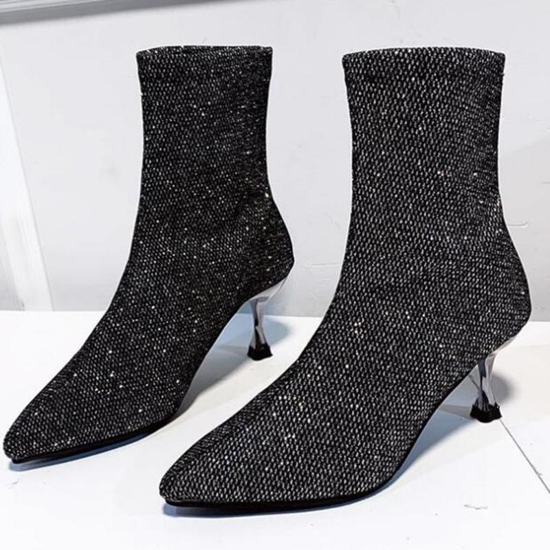 

New Sequins Ankle Boots Women Sexy Short Boot Autumn Pointed Side Boot Female Stylish Stiletto Heel Elastic sock boots ll699, Black