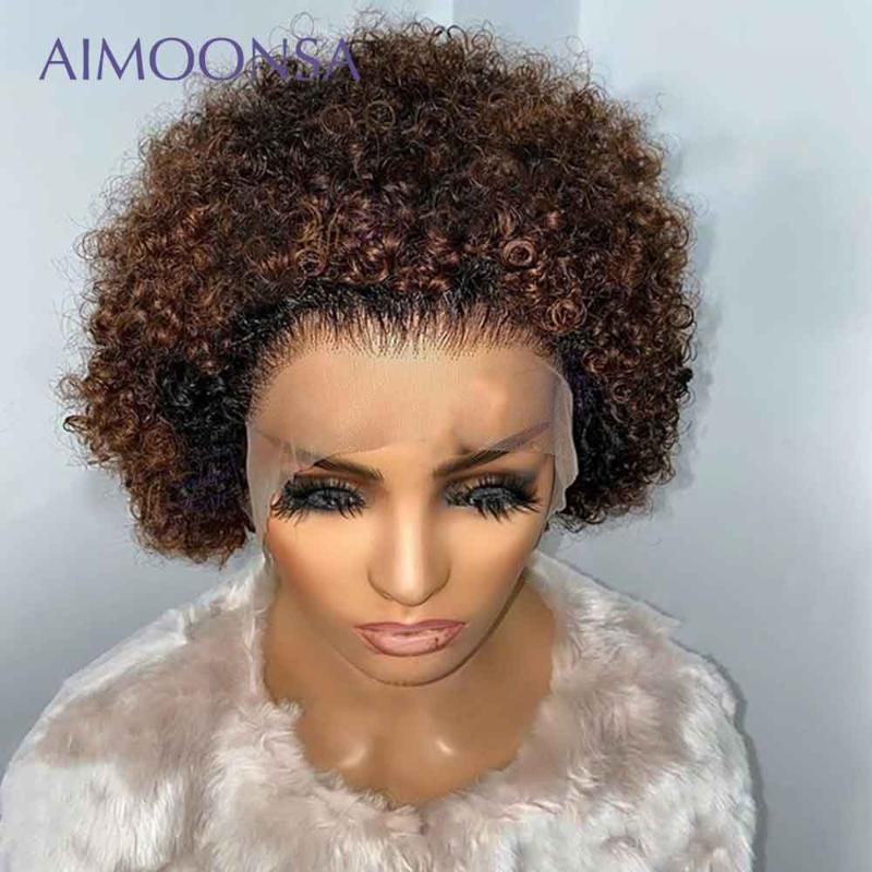 

Honey Blonde Lace Front Wigs Bob Short Curly Human Hair Wig Ombre Pixie Wig Human Hair 250 Density Lace Preplucked Remy 13x4, As pic