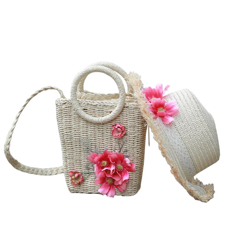 

Women beach bag 2020 Fashion Flower Summer straw shoulder messenger Bag Handmade Weave Rattan Handbag Holiday straw Hat, Red one bag