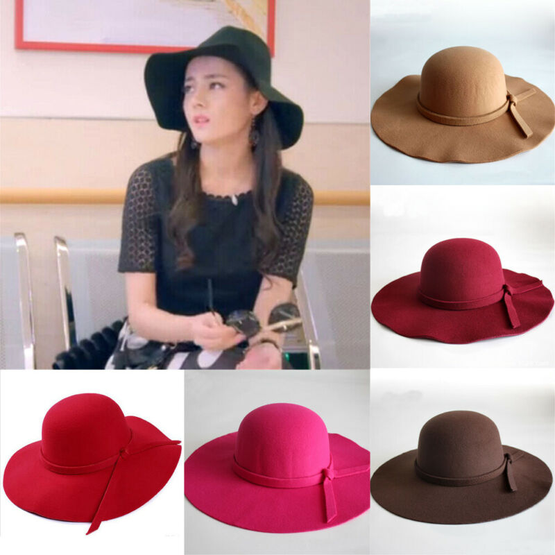 

2020 Fashion New Vintage Women Girl Ladies Floppy Wide Brim Wool Felt Bowler Beach Hat Solid Sun Cap, Camel
