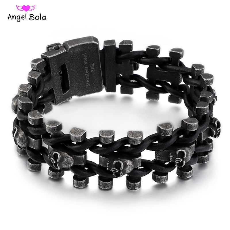 

Charm Bracelets Stainless Steel & Leather Skull Man Buddha Bracelet Male Jewelry Drop Gift With Logo