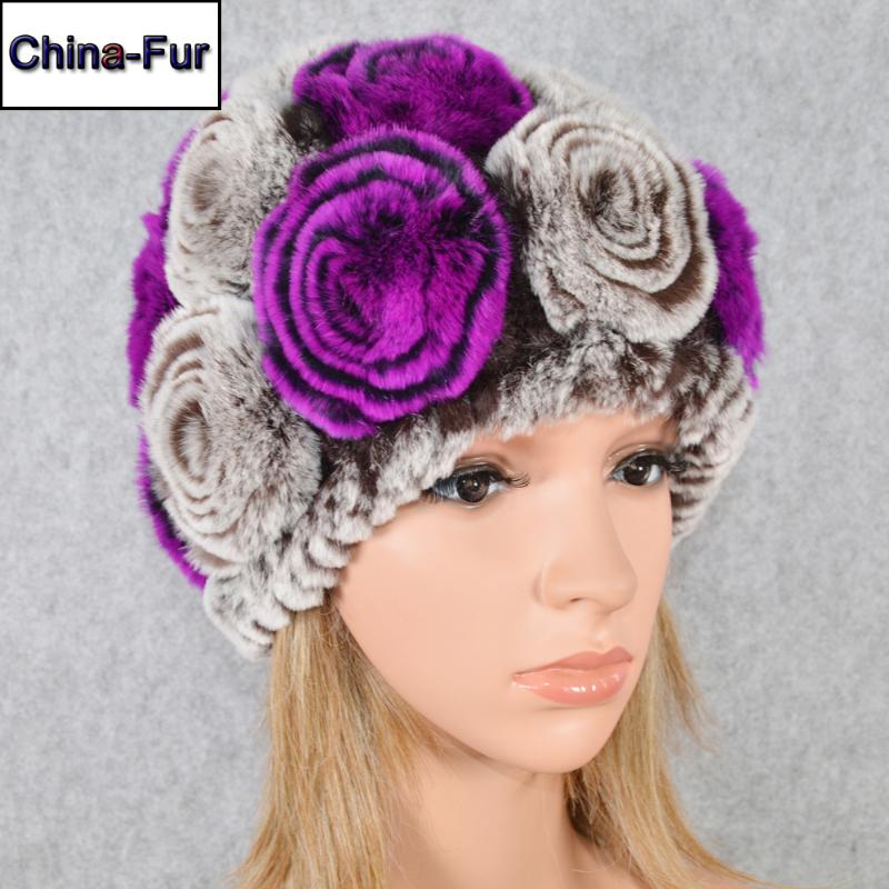 

2020 Winter Rex Fur Hat Women Knitted 100% Natural Rex Fur Flowers Beanies Hats Warm Soft Real Caps, Gray and black