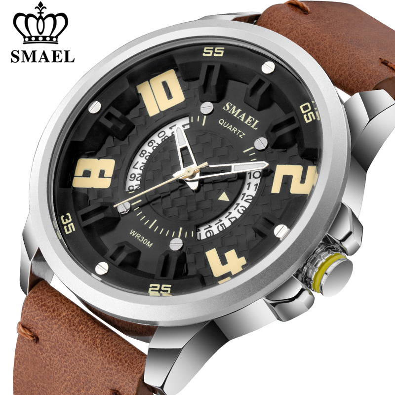 

SMAEL Top Men Sport Watches Chronograph Waterproof Quartz Analog Wristwatch Leather Male Clock Relogio Masculino, Brown silver