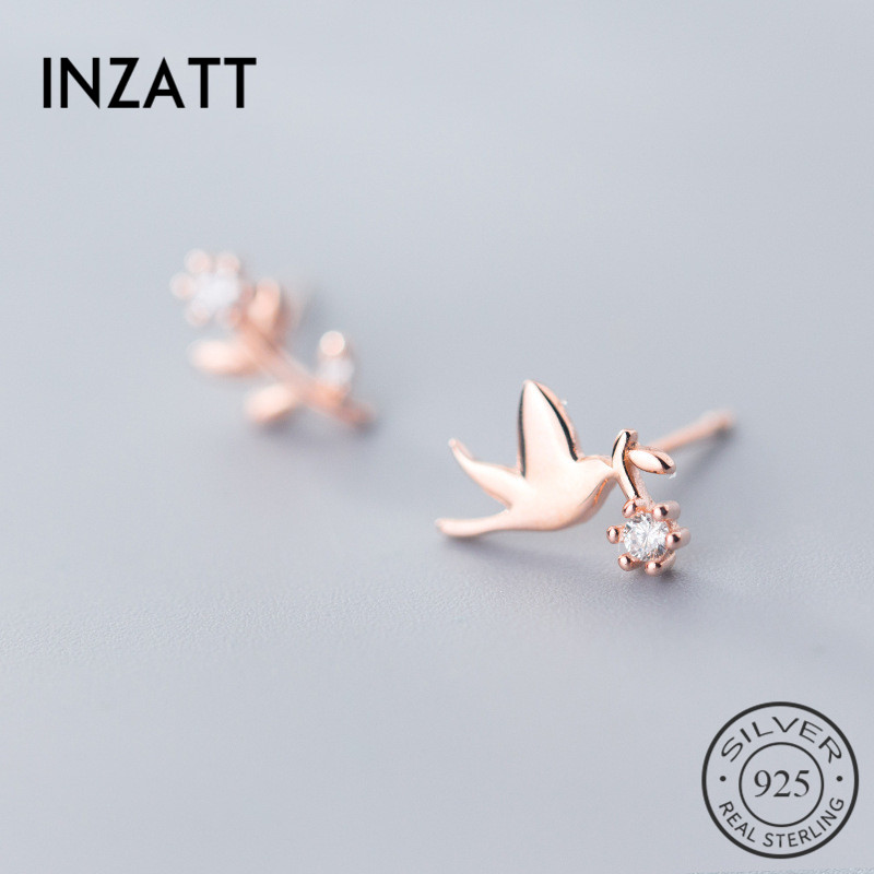 

INZAReal 925 Sterling Silver Cute Zircon Bird Flower Stud Earrings For Fashion Women Party Fine Jewelry 2020 Accessories gift