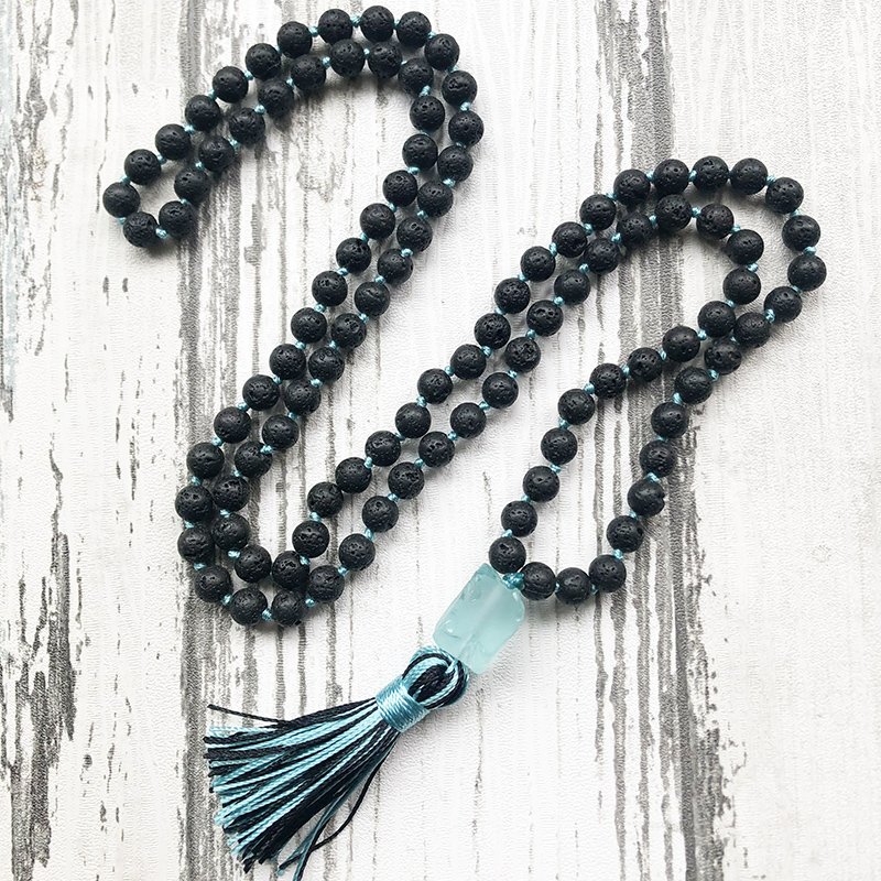 

Raw Rough Q-uartz Pendant Mix Color Tassel Necklace For Unisex 8mm Lava Stone Knotted Boho Jewelry 108 Beads Mala Necklace Women