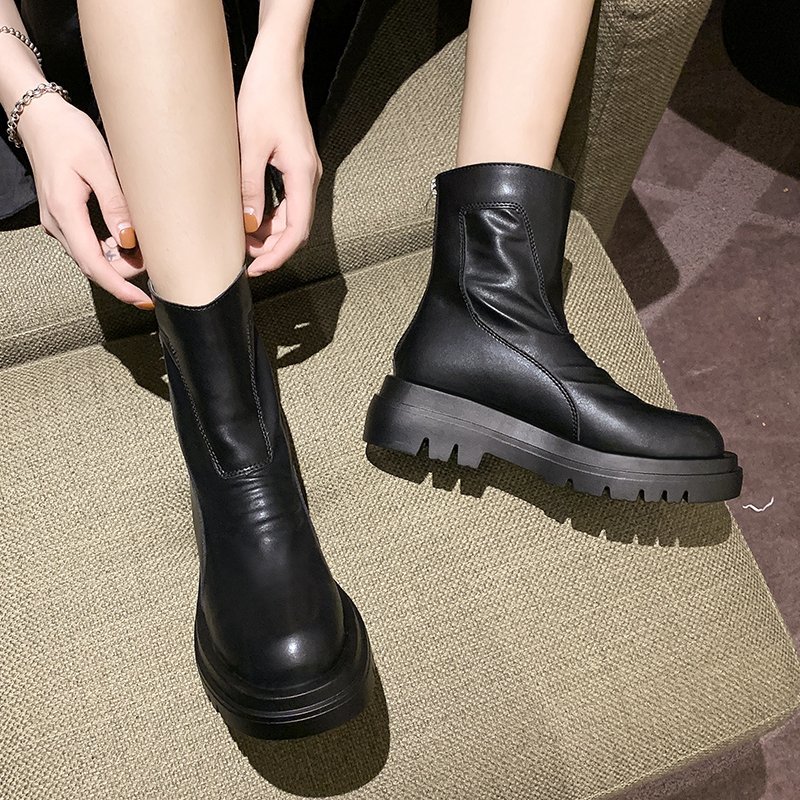 

2020 Autumn Winter Chunky Ankle Boots Women Black PU Leather Platform Boots Ladies Fashion Thick Bottom Motorcycle Botas