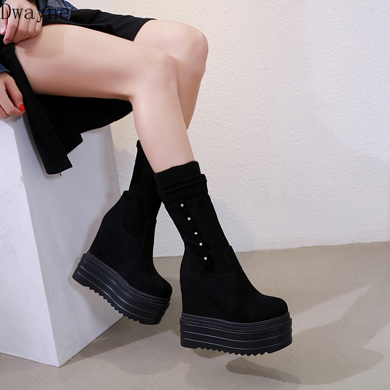 

Suede Increased Within Wedge Wool Tube Boots Muffin Thick-Sole Super High Heel Middle Tube Boots Fashion Women's, Black