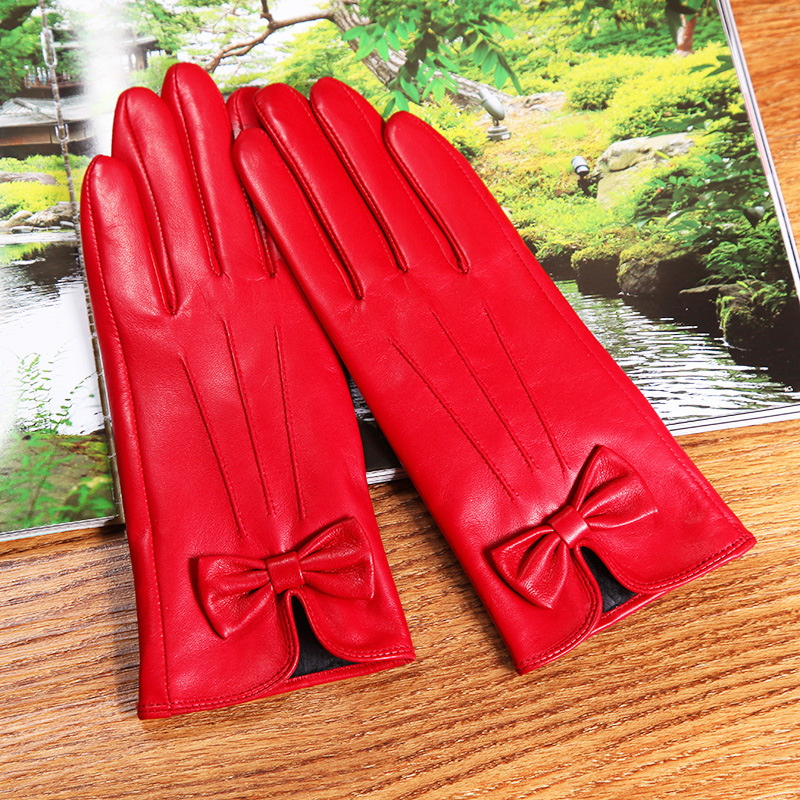 

Latest Lambskin Butterfly Knot Real Leather Gloves Female Winter Plus Velvet Thicken Red Woman's Sheepskin Gloves L6122
