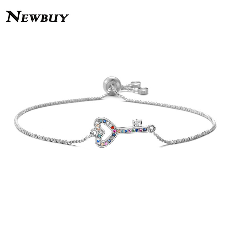 

NEWBUY Unique Design Lovely Heart Key Charm Bracelets For Women Girl Rainbow Color CZ Bracelet Wedding Jewelry Promise Gift