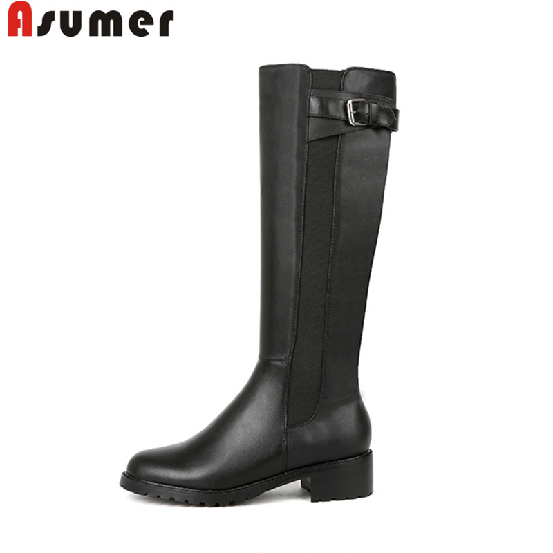 

ASUMER big size 34-43 fashion knee high boots women round toe zip genuine leather boots classic ladies Riding 2020 new, Black with fur