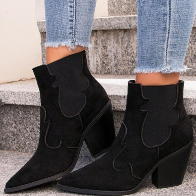 

SaraIris Flock Fashion Boots Women Casual Daily Autumn Boots Ladies Retro Pointed Toe Slip On High Heels Ankle Shoes, Black