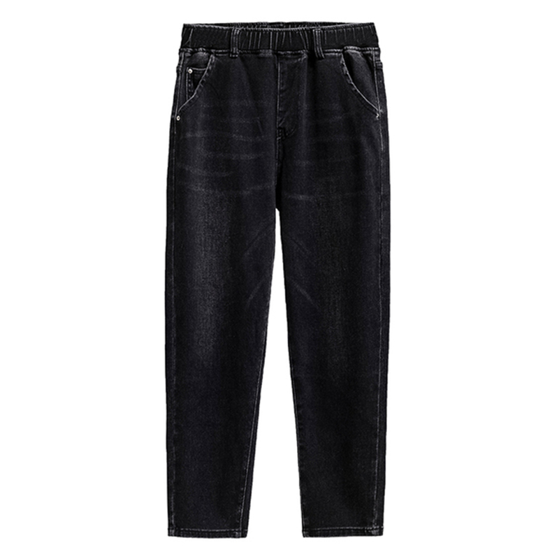 

High Quality Fashion Women Mid-Waist Elastic Loose Jeans Slim Plus Size Washed Denim Cowboy Streetwear Long Harem Pants Trousers, Black