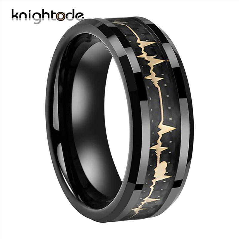 

8mm EKG Heartbeat Wedding Ring Black/Gold/Silvery Tungsten Carbide Ring For Men Women Polishing Beveled Edges Comfort Fit