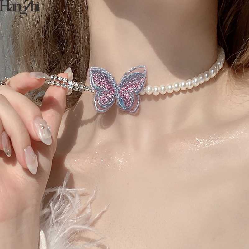 

HangZhi 2020 New Korean Purple Yarn Butterfly Fairy Crystal Double Layer Rhinestones Pearls Beading Choker Necklace for Women