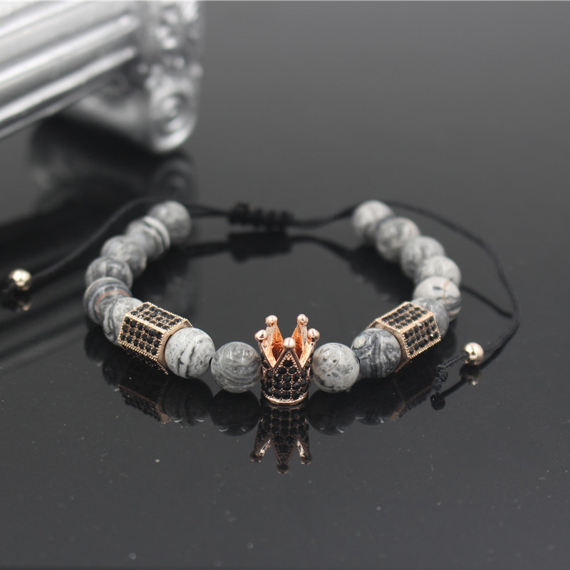 

PINIYA 8MM Marble Stone Bead Rose Gold Color Micro Pave Black CZ Crown & Hexagonal Charm Braiding Men Women Macrame Bracelet