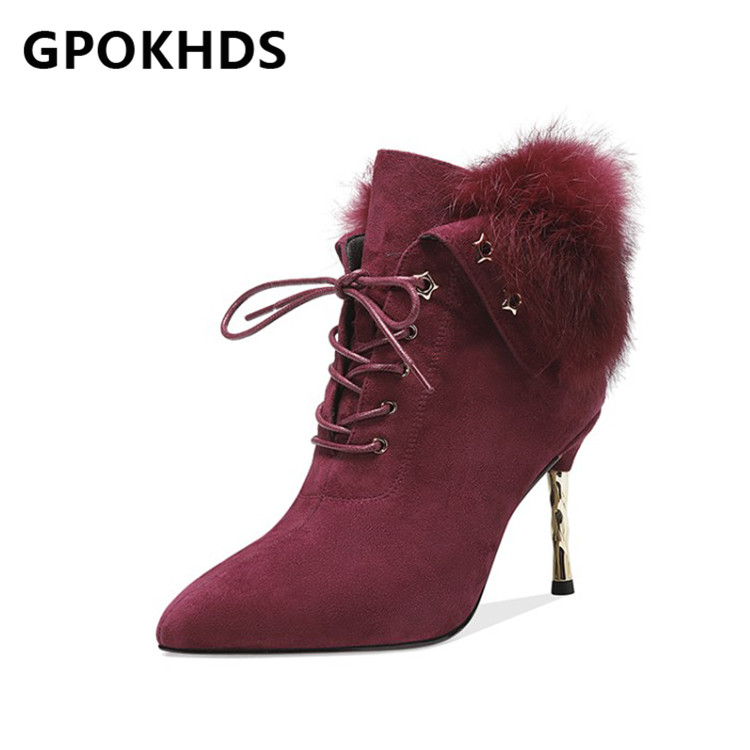 

GPOKHDS 2021 women Ankle boots Winter short plush Pointed Toe Lace-Up Fur High heels female boots size 39, Black