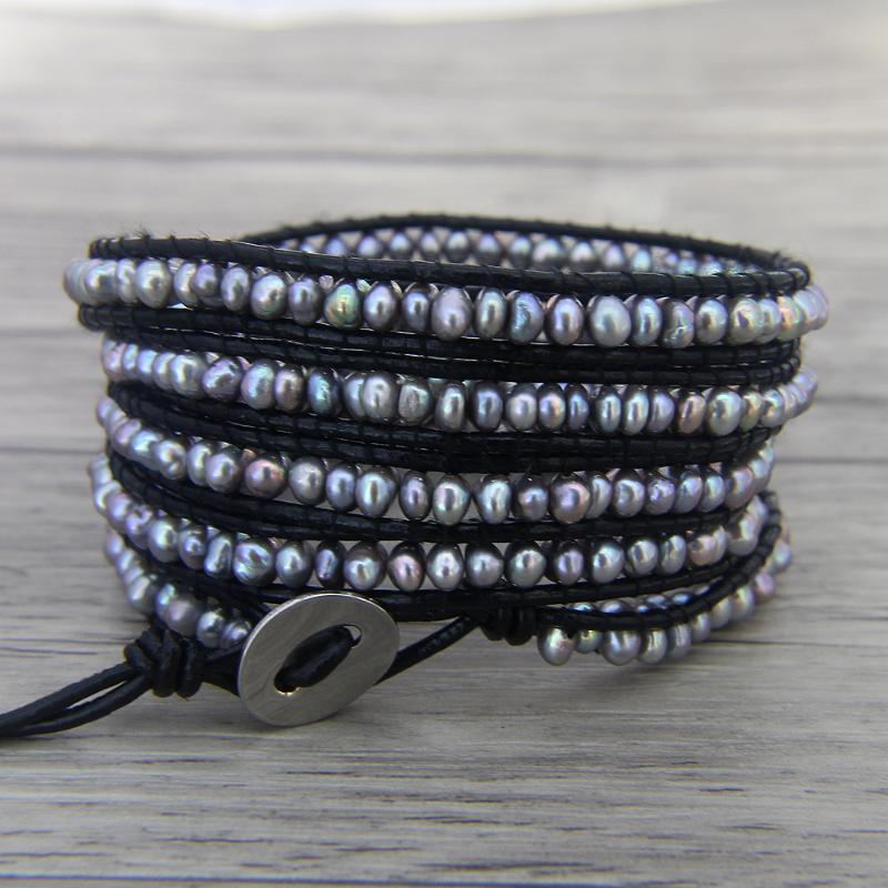 

BOHO Pearl wrap bracelet Grey pearl bracelet freshwater leather Yoga bead jewelry bohemian