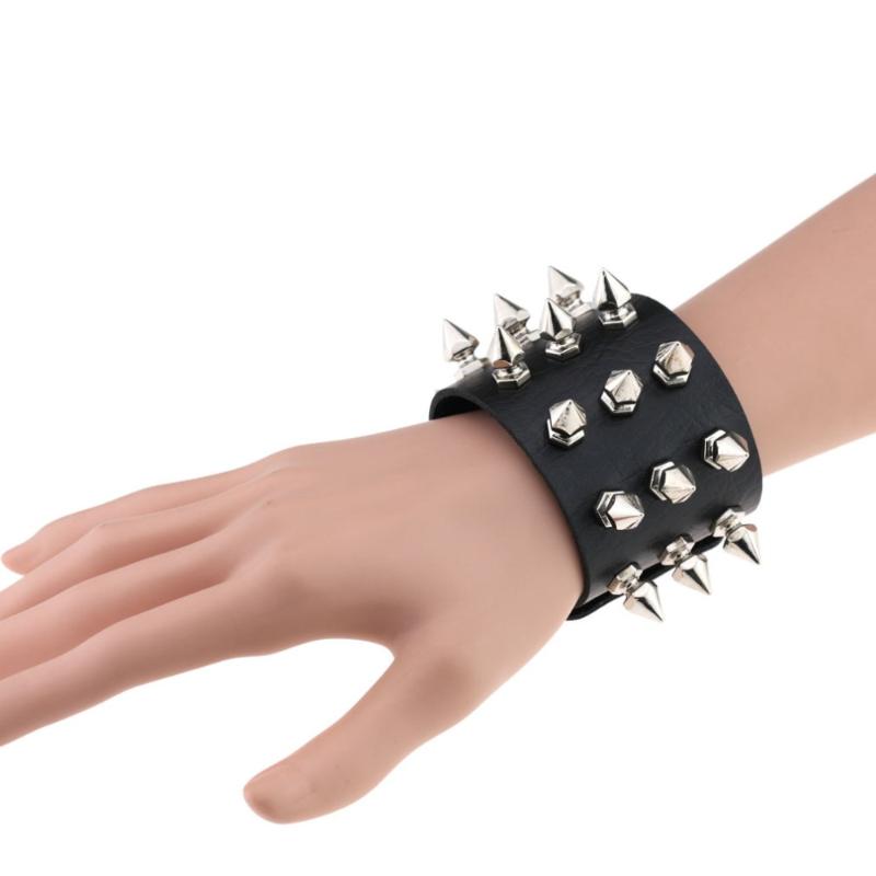 

KMVEXO Unique 3 Rows Spikes Rivet Stud Wide Cuff Leather Punk Gothic Rock Unisex Bangle Harness Bracelets for Women Men Jewelry