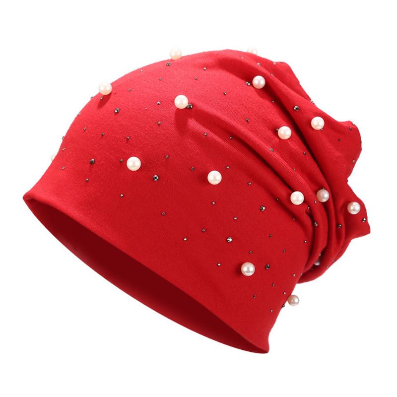 

Women Cotton Blend Free Size Elastic Rhinestones Elegant Decoration Shine Pearls Casual Autumn Warm Beanie Hat Wrap Adults, Navy
