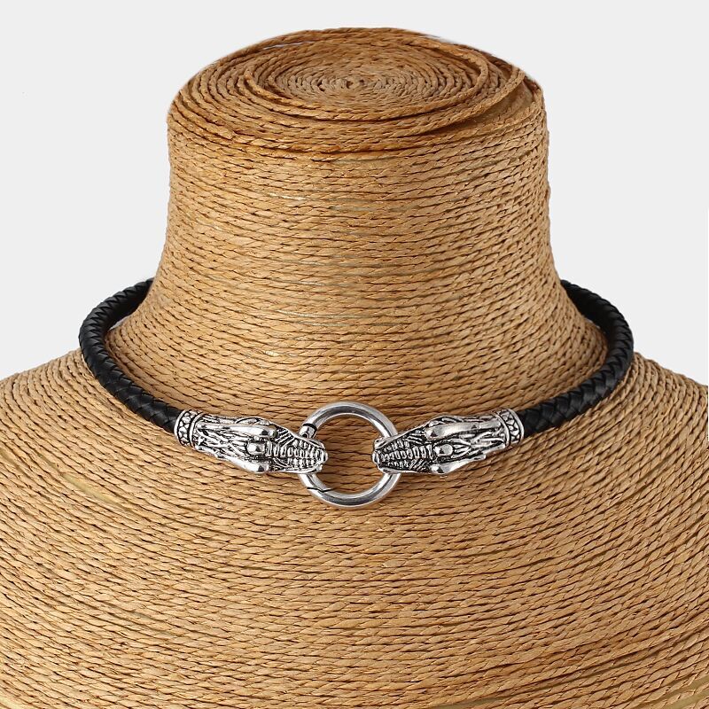

Genuine Leather Choker Necklace Dragon Collar / Choker With Black Braided Leather 13"-17"