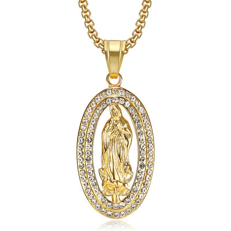 

Hip Hop Bling Iced Out Gold Color Stainless Steel Virgin Mary Oval Pendants Necklaces for Men Rapper Jewelry Drop Shipping