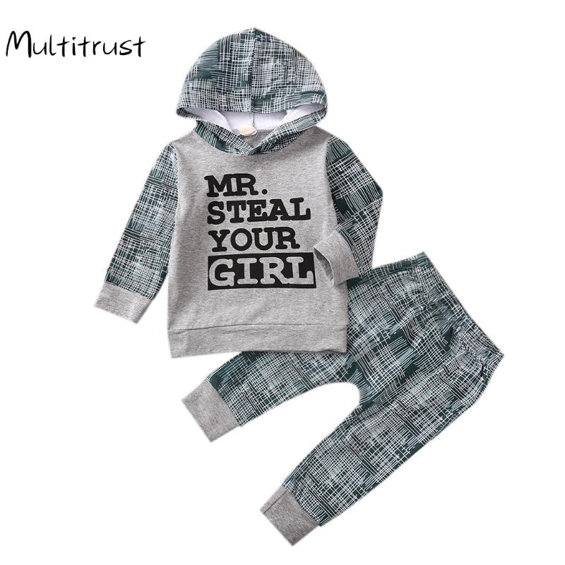 

Infant Baby Clothes Outfits 2020 Autumn Baby Boys Girls Hooded Long Sleeve Letters Printing Top + Plaid Print Long Pants 2pcs