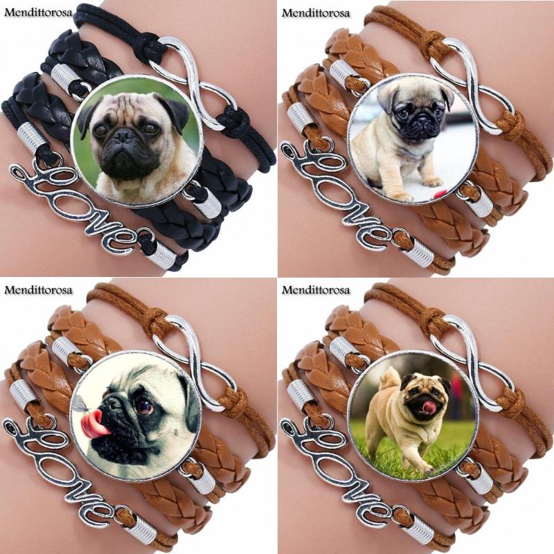 

For Schoolgirl Maxi Pug Dog New Arrival Glass Multilayer Black/Brown Leather Bracelet Bangle Statement Women Round Jewelry