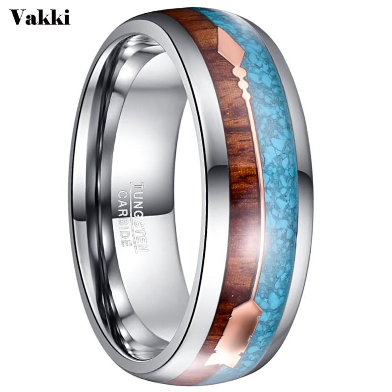 

VAKKI 9mm Silver Color Tungsten Wood Rings For Men Jewelry Blue Opal Wood Men Engagement Couple Promise Rings