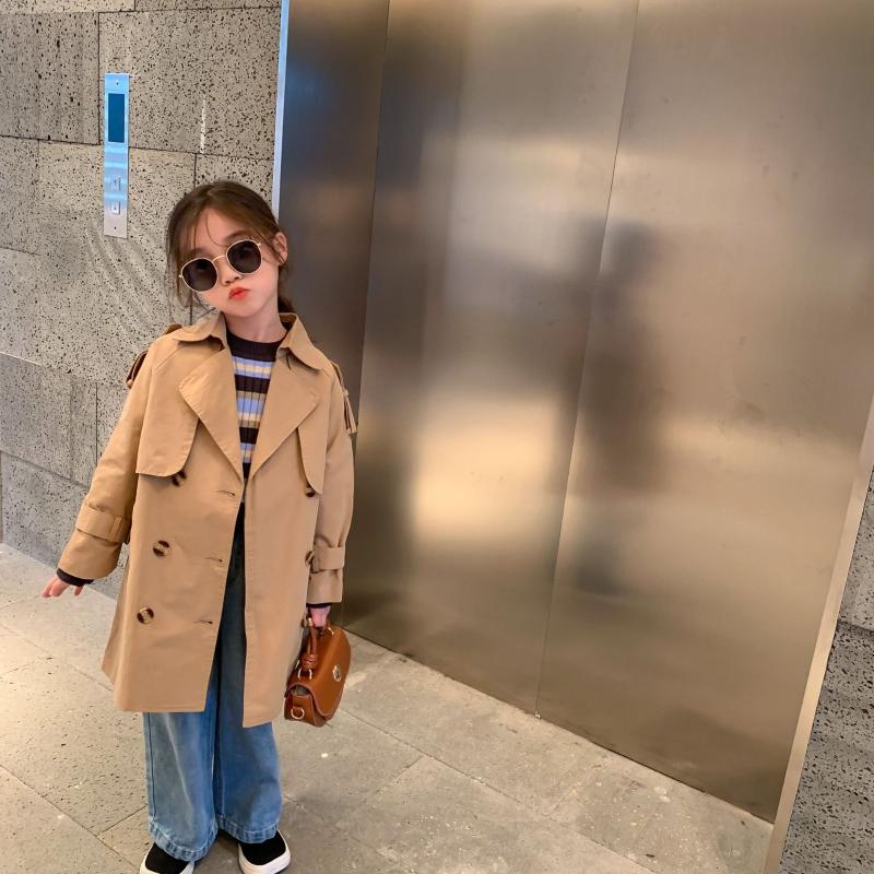 

Autumn New Arrival western style cotton casual pure color all-match fashion long windbreaker coat for cute cool baby girls, Khaki