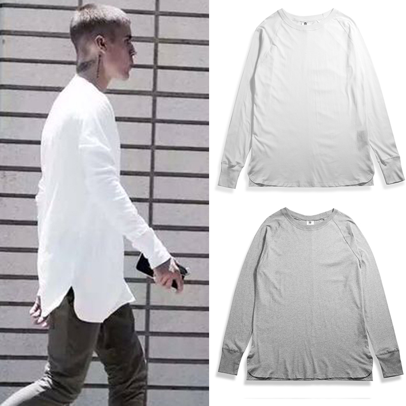 

Trendy High Street Fashion Brand Fog All-match Bottoming Shirt Solid Color Long-Sleeved Circular Lower Hem Side Split T-shirt Hip Hop Mid-Le, White;black