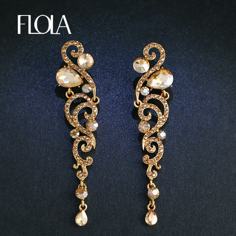 

Dangle & Chandelier FLOLA Luxury Long Gold Earrings Angel CZ Austrian Crystal Women Big Wedding Bridal Ersh69